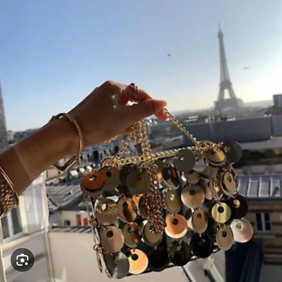 PACO RABANNE X H&M SILVER GOLD SEQUIN DISC EMBELLISHED CHAIN SHOULDER BAG NWT! - Picture 4 of 14